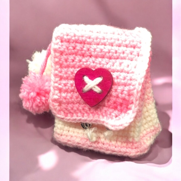 Bubblegum Pink & White Crochet Mini Backpack Keychain w/ Pom Poms, Heart Button - Picture 7 of 14